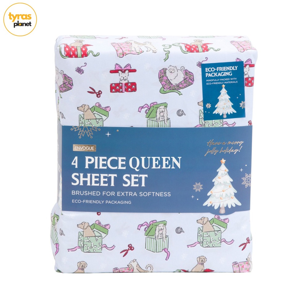 ENVOGUE Christmas Wrapping Dogs Holiday Queen Sheet Set 4pc Novelty Bedding